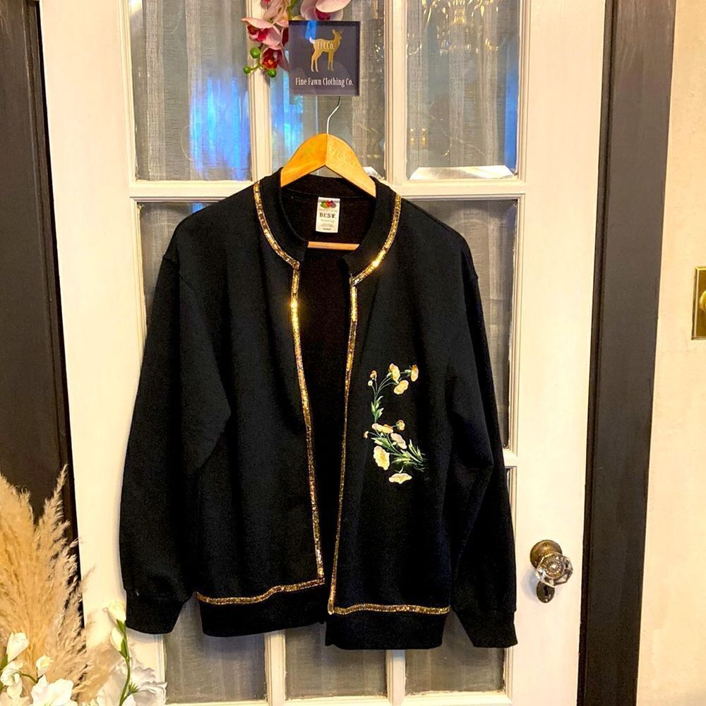 Handcrafted Cold Sequin and Floral Embroidered Black Cardigan